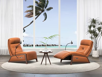 Two Orange Leather Single Sofas In Living Room With Large Windows Sea View Palm Tree 3d model