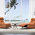 Two Orange Leather Single Sofas In Living Room With Large Windows Sea View Palm Tree 3d model