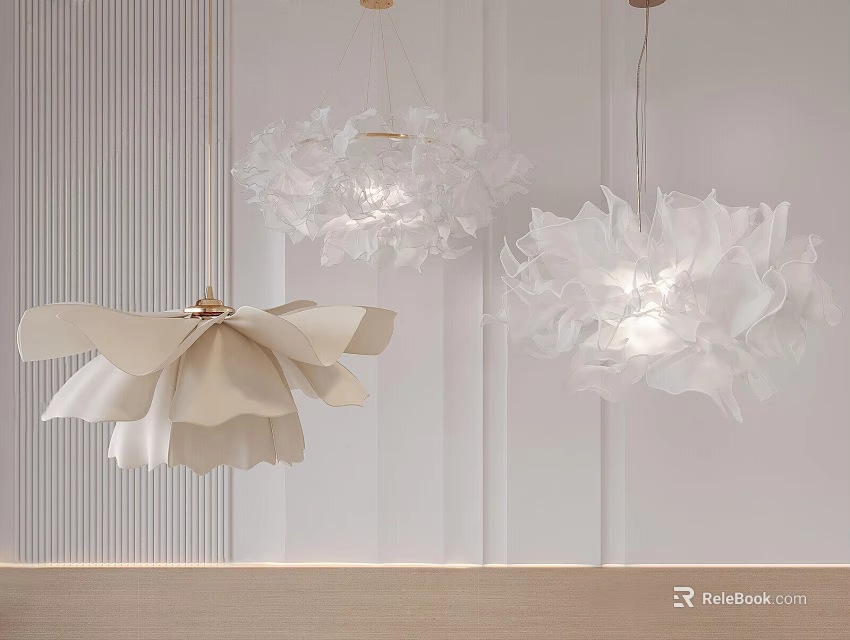 Modern White Flower Shaped Chandeliers Hanging In Elegant Vertical Striped Interior 3d model 