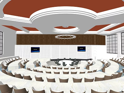 Spacious Conference Room With Circular Table Chairs Chandelier Wooden Paneling And Screens 3d model