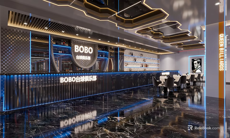 BOBO Billiard Room Modern Interior With Stylish Lighting Bar Counter And Seating 3d model 