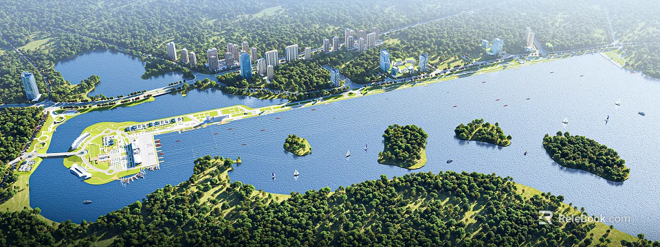 Aerial Planning of Riverfront Development With Lush Greenery Islands and Residential Buildings 3d model 