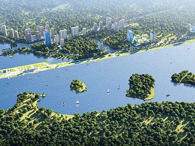 Aerial Planning of Riverfront Development With Lush Greenery Islands and Residential Buildings 3d model