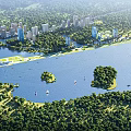 Aerial Planning of Riverfront Development With Lush Greenery Islands and Residential Buildings