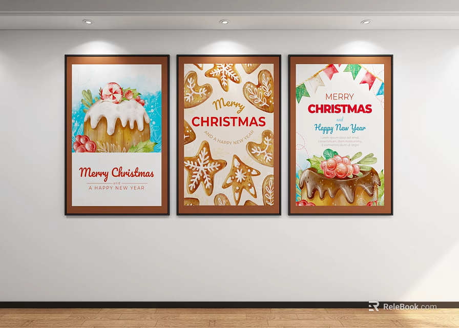 Festive Christmas Abstract Paintings With Gingerbread Cookies Cake And Merry Christmas Text For Wall Decor 3d model 