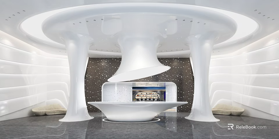 Modern Exhibition Hall With Curved White Architectural Structures Central Display Counter And Ambient Lighting 3d model 