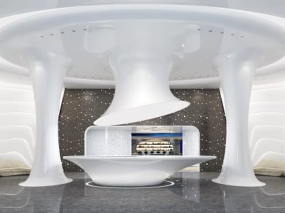 Modern Exhibition Hall With Curved White Architectural Structures Central Display Counter And Ambient Lighting 3d model