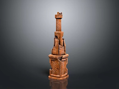 Carved Brown Sculptural Tower Structure With Textured Surface And Layered Sections 3d model