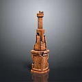 Carved Brown Sculptural Tower Structure With Textured Surface And Layered Sections