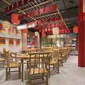 Hot Pot Restaurant Interior With Red Lanterns Wooden Tables Chairs And Chinese Decor