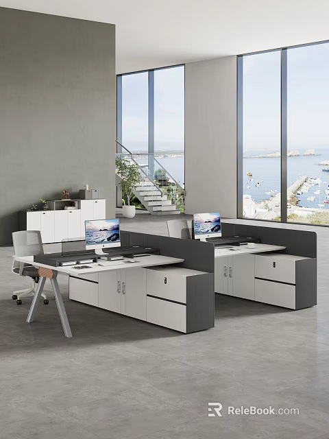 Modern Spacious Public Office Area Equipped With Functional Workstations And Large Panoramic Seaview Windows 3d model 