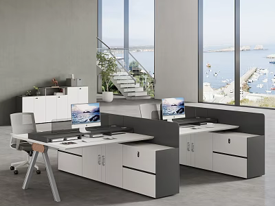 Modern Spacious Public Office Area Equipped With Functional Workstations And Large Panoramic Seaview Windows 3d model