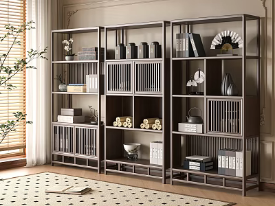 Traditional Chinese Wooden Display Shelf with Decorative Items Books and Tea Sets in Living Room 3d model