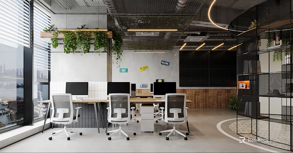Modern Public Office Space With Open Layout Work Desks Ergonomic Chairs And Greenery 3d model 