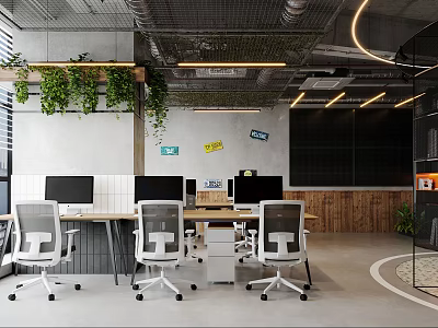 Modern Public Office Space With Open Layout Work Desks Ergonomic Chairs And Greenery 3d model
