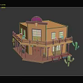 Cartoon Vintage Western Saloon Scene With Yellow Wooden Building Balcony And Cacti