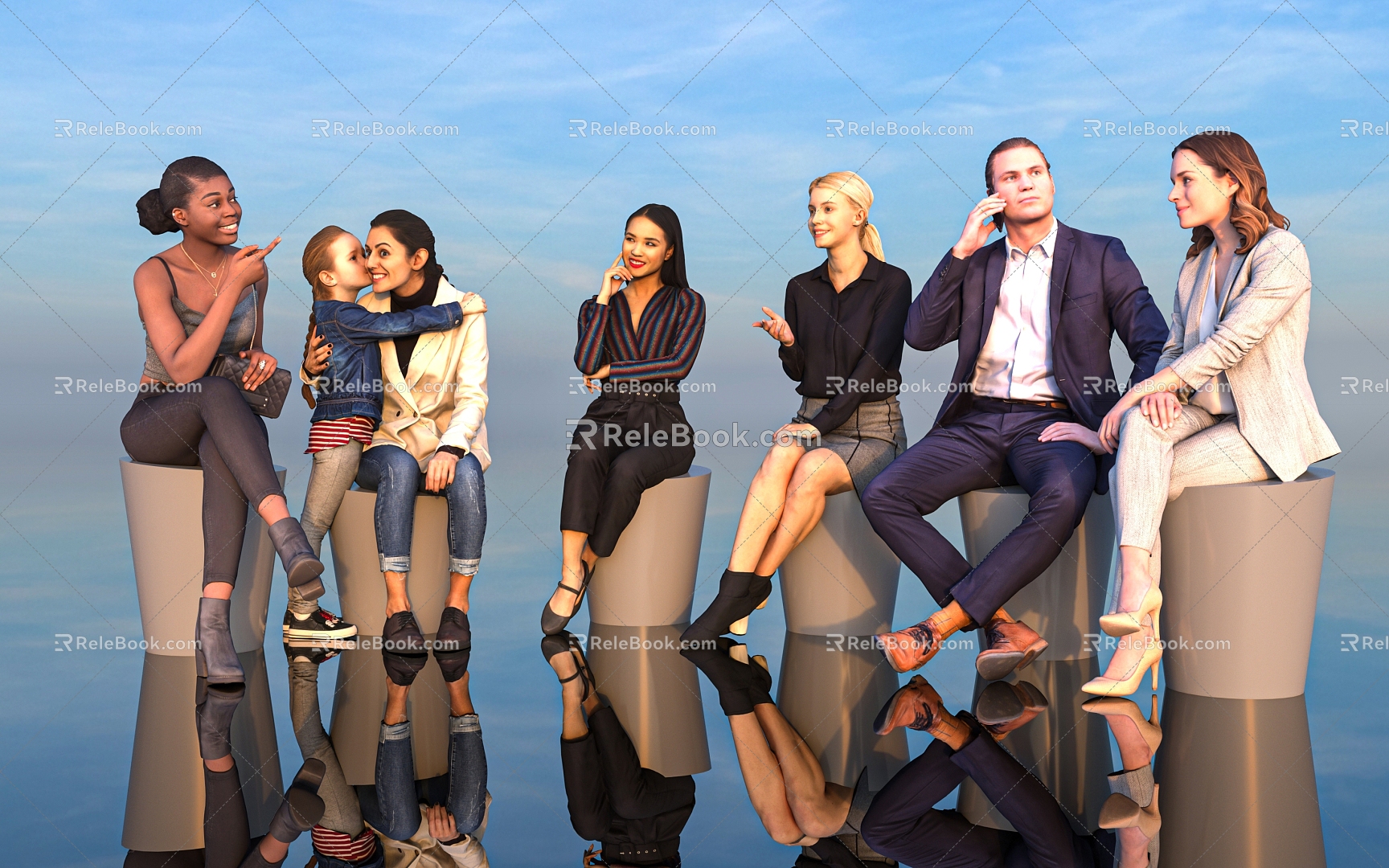 Multi-person character human body sitting posture human yellow white black brown Asian European American African foreigner male and female 3d model