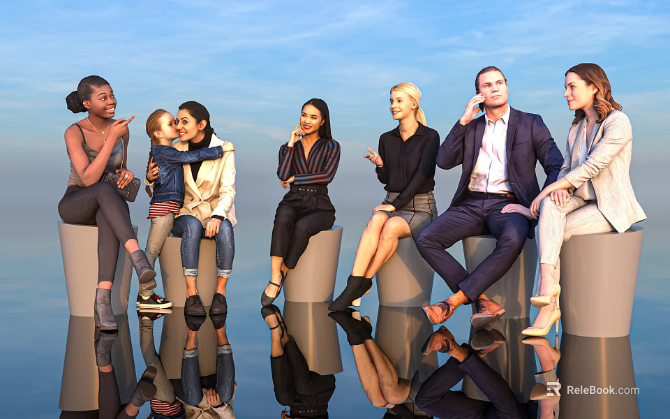 Diverse Group of People Sitting and Chatting on Cylindrical Seats Under Blue Sky With Reflective Ground 3d model 