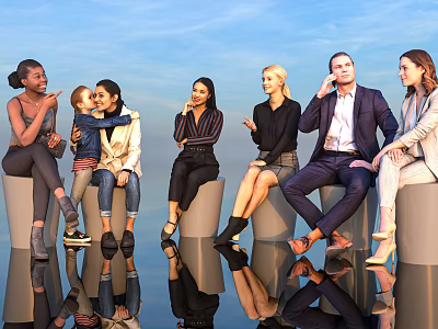 Diverse Group of People Sitting and Chatting on Cylindrical Seats Under Blue Sky With Reflective Ground 3d model