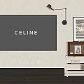 Walnut TV Stand with Large Screen TV Storage Drawers and Decorative Wall Art