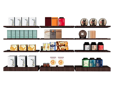 Assorted Household Items On Multi-layer Shelves With Tea Boxes Biscuit Tins Canned Foods 3d model