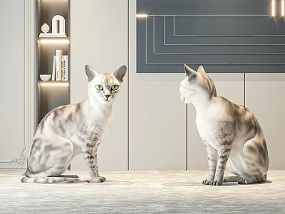 Two Elegant Cats Sitting Facing Each Other In Modern Interior With Shelf And Wall Design 3d model