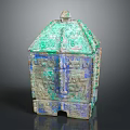 Ancient Bronze Vessel With Turquoise Blue Patina Roof Shaped Lid And Intricate Patterns