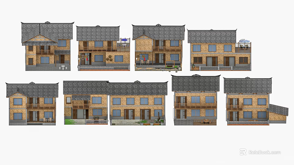 Row Of Traditional Homestay Buildings With Wooden Structures And Sloped Roofs 3d model 