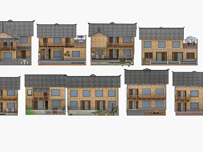 Row Of Traditional Homestay Buildings With Wooden Structures And Sloped Roofs 3d model