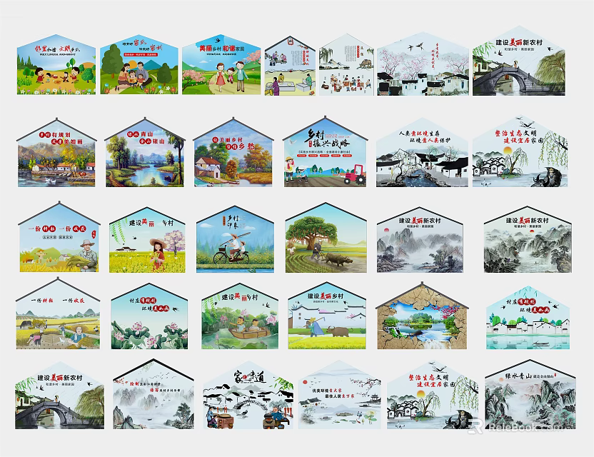 Decorative Background Wall Featuring Hexagonal Design With Various Rural Mountain Water And Pastoral Landscape Paintings 3d model 