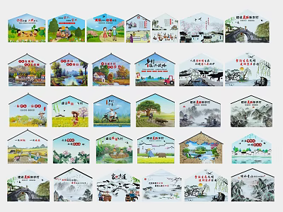 Decorative Background Wall Featuring Hexagonal Design With Various Rural Mountain Water And Pastoral Landscape Paintings 3d model