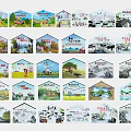 Decorative Background Wall Featuring Hexagonal Design With Various Rural Mountain Water And Pastoral Landscape Paintings