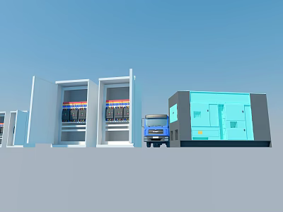 3D Model Of Industrial Equipment With Blue Truck White Cabinets And Generator 3d model