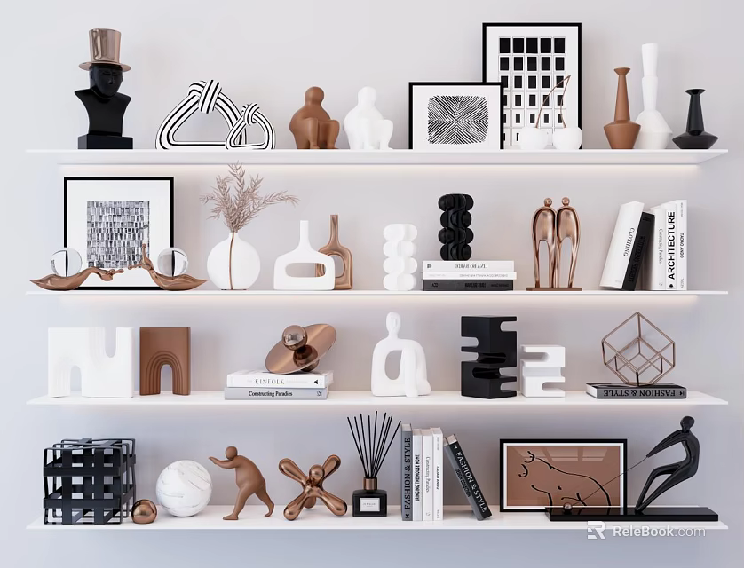 Modern Decorative Ornament Set With Shelves Sculptures Vases And Photo Frames 3d model 