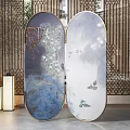 Elegant Modern Chinese Decorative Screen With Oval Shape Blue White Bird Patterns And Golden Frame 3d model