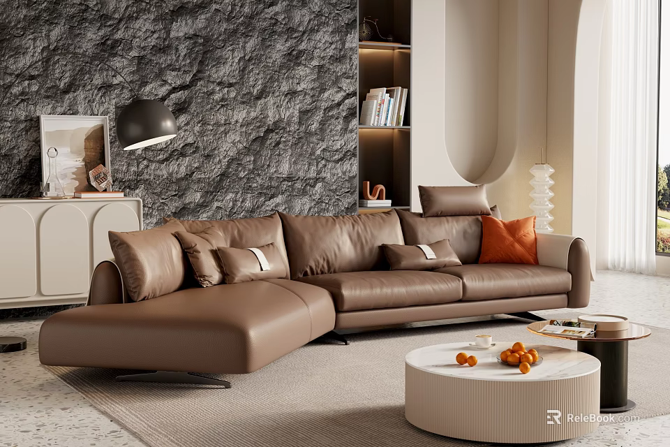 Modern Leather Sectional Sofa With Gray Textured Wall Bookshelf Round Coffee Table And Floor Lamp 3d model 