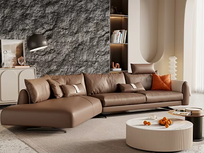 Modern Leather Sectional Sofa With Gray Textured Wall Bookshelf Round Coffee Table And Floor Lamp 3d model