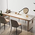 Modern Dining Area With Long Table Beige Chairs Tea Set Green Plants And Blinds