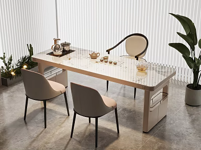 Modern Dining Area With Long Table Beige Chairs Tea Set Green Plants And Blinds 3d model