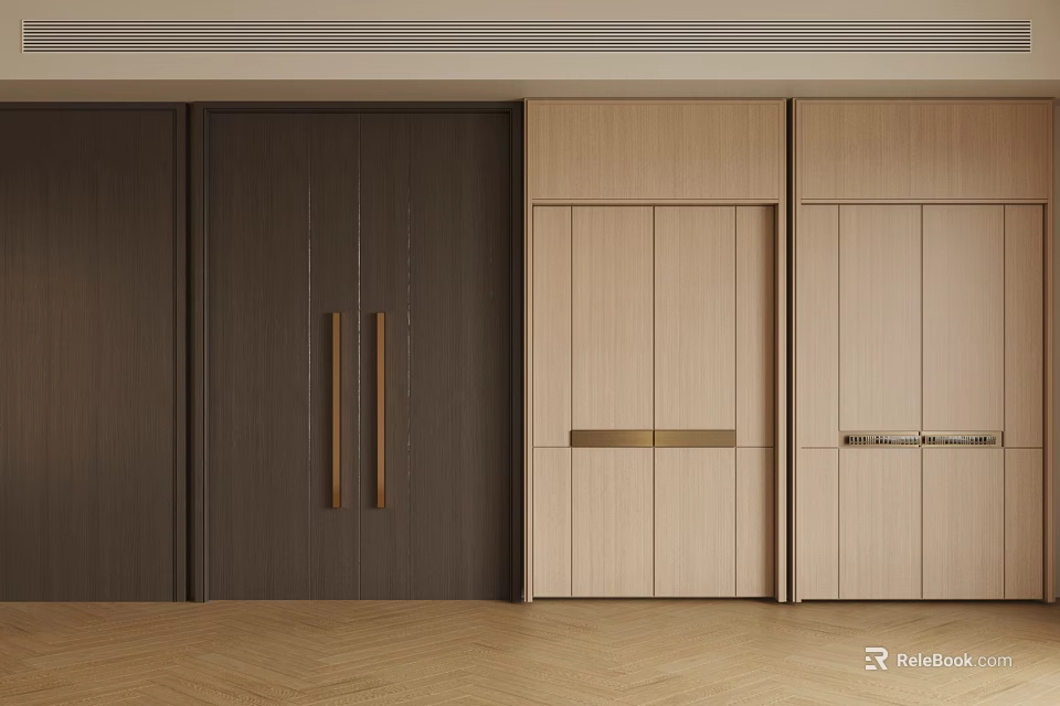 Modern Wooden Double Doors Interior With Dark Light Wood Brass Handles Design 3d model 