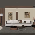 Modern Middle-ancient Style Living Room Sofa Coffee Table Combination Fabric Sofa Multi-person Sofa Leisure Chair Lazy Sofa Background Wall Floor Lamp Hanging Picture Coffee Table 3d model