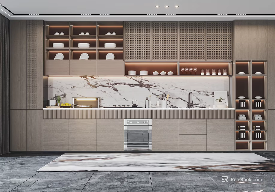 Minimalist Kitchen Interior Design With Wooden Cabinets And Marble Countertop 3d model 