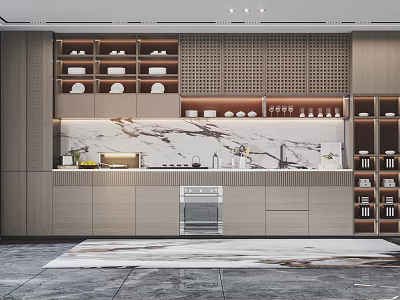 Minimalist Kitchen Interior Design With Wooden Cabinets And Marble Countertop 3d model