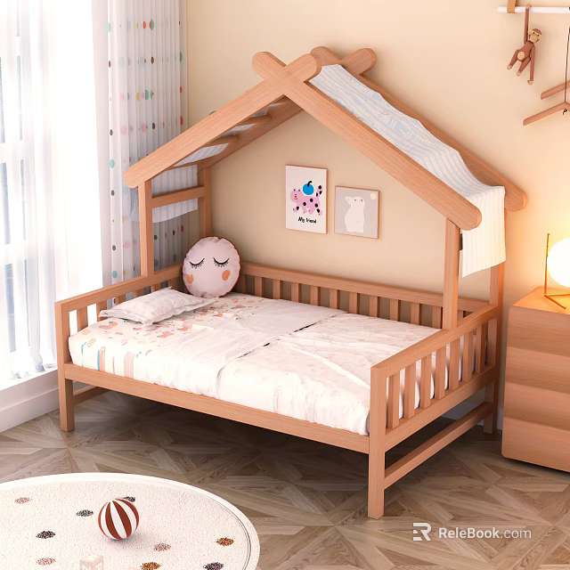 Wooden House Shaped Kids Bed with White Bedding Plush Toy Nightstand and Lamp 3d model 