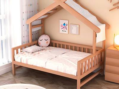 Wooden House Shaped Kids Bed with White Bedding Plush Toy Nightstand and Lamp 3d model