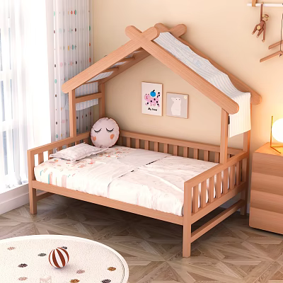 Wooden House Shaped Kids Bed with White Bedding Plush Toy Nightstand and Lamp 3d model