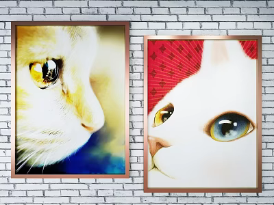 Framed Cat Paintings With Close Up Eye And White Cat Design On Brick Wall 3d model