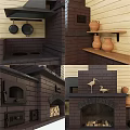 Brick Fireplace With Hood Hanging Pans And Decorative Items On Wooden Wall