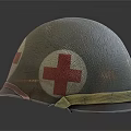 Two Old Military Green Helmets Featuring Red Cross Symbols On Surface 3d model