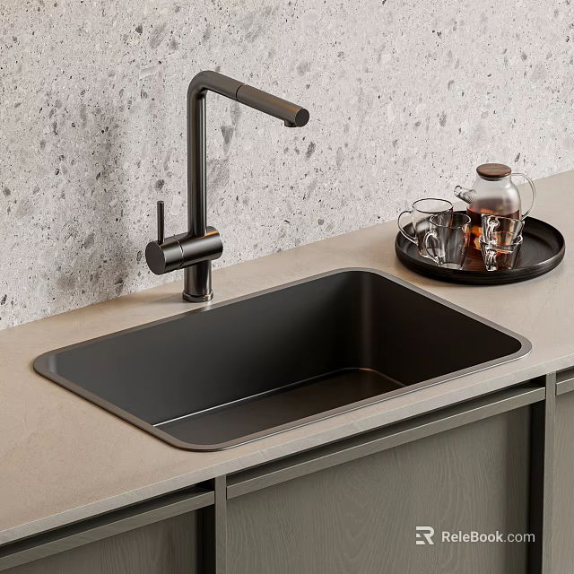 Black Kitchen Sink With Matte Black Faucet On Light Colored Countertop And Gray Textured Backsplash 3d model 